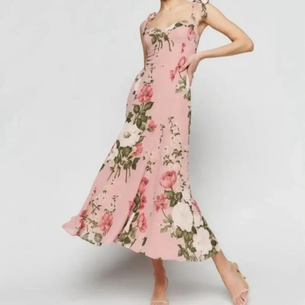 Reformation Nadira Tie Strap Sweetheart Floral Midi ROSE GARDEN B290 - Picture 2 of 7